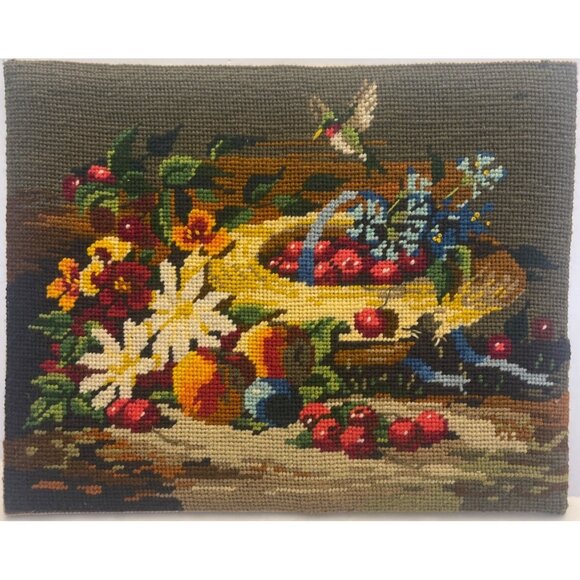 Finished Sunset Needlepoint Still Life Tapestry Hummingbird Flowers Basket Read - Picture 1 of 4